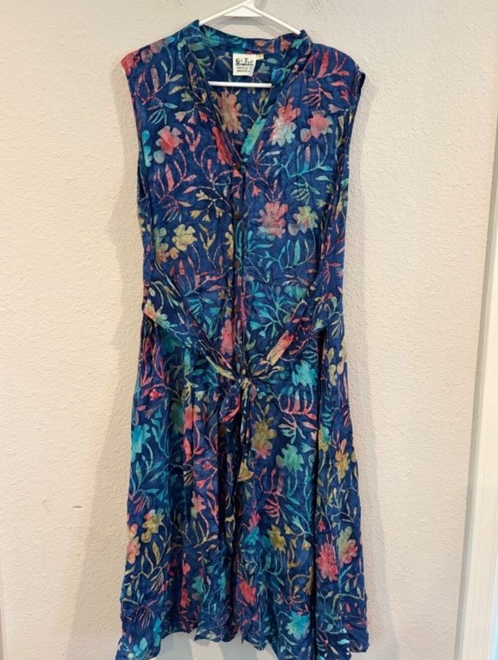 Go Fish Womens Classic Blue Watercolor Floral Printed Tie Midi Dress Size Large